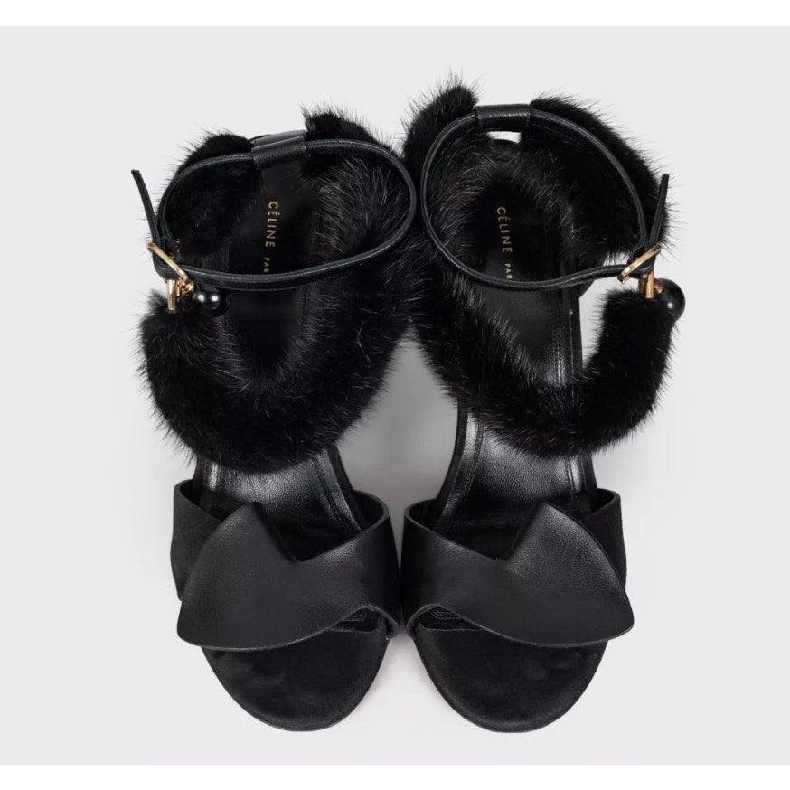 Celine Black Leather Sandals with Fur Strap - Size 39 Pre-owned
