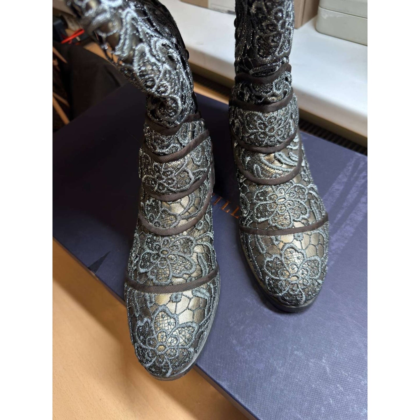 Dolce & Gabbana Gray Lace-Embellished Leather Over-the-Knee Boots Sz.39 Pre-owned
