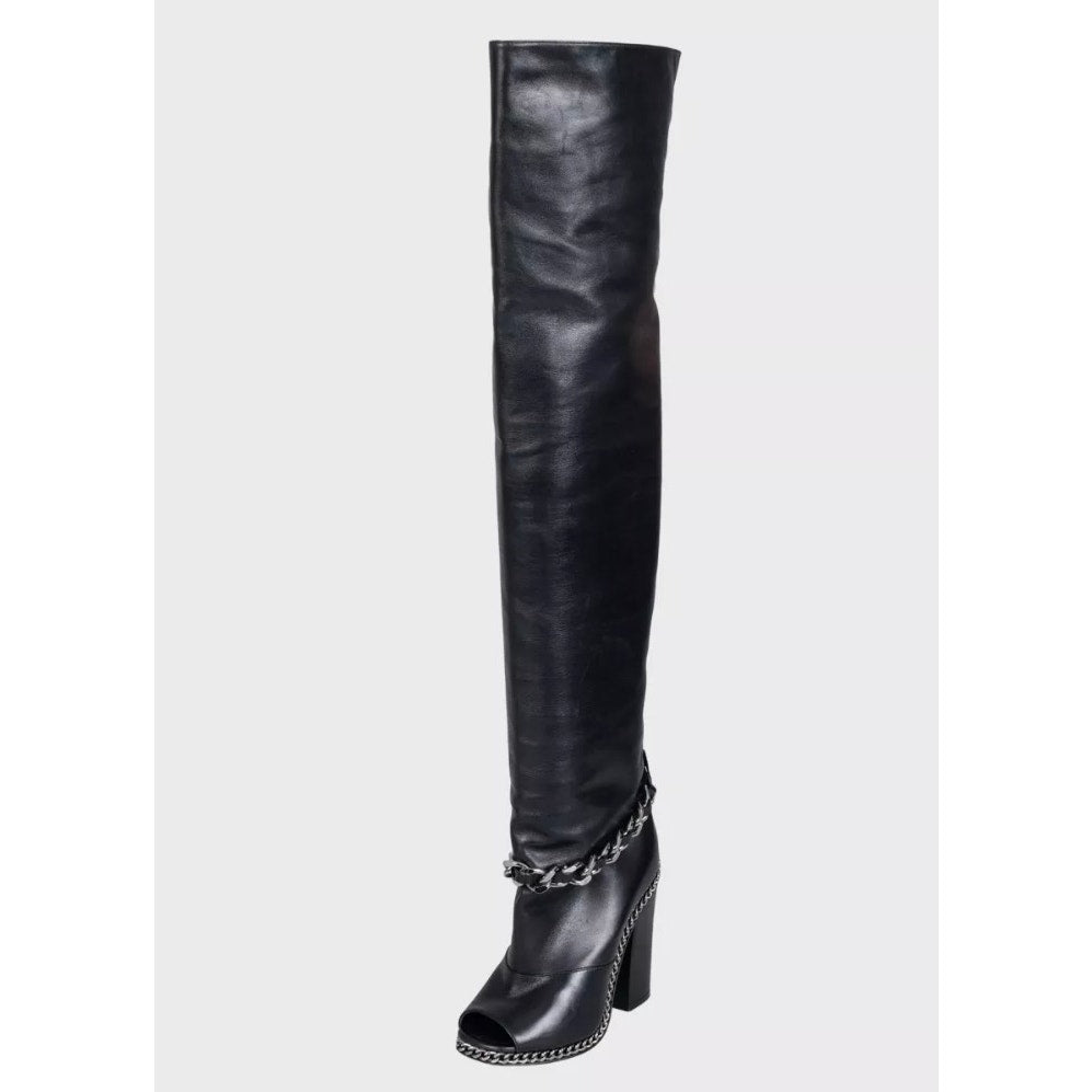 Balmain Black Leather Open-Toe Over-the-Knee Boots Sz.38 Pre-owned