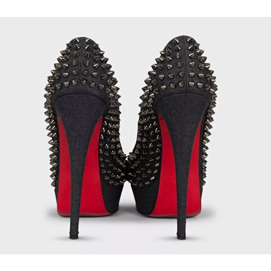 Christian Louboutin Blue Denim Lady Peep Spikes Heels - Size 39.5 Pre-owned