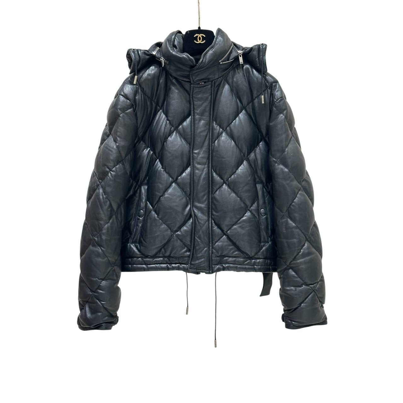 Saint Laurent Hooded Lambskin Leather Down Jacket Sz 40 pre-owned