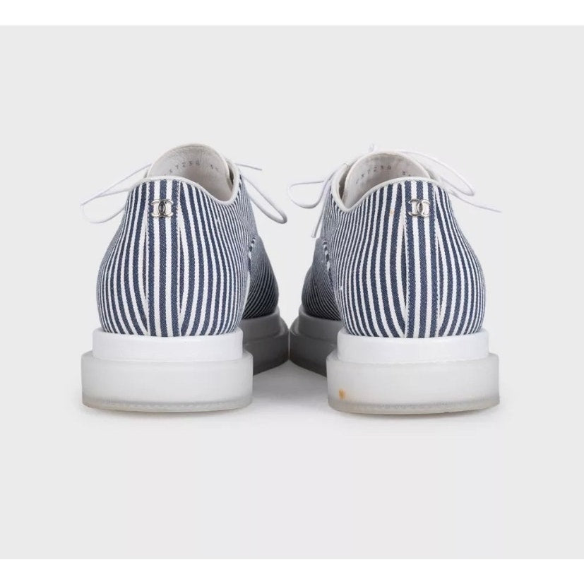 Chanel White Striped Leather & Textile Sneakers - Size 38 Pre-owned