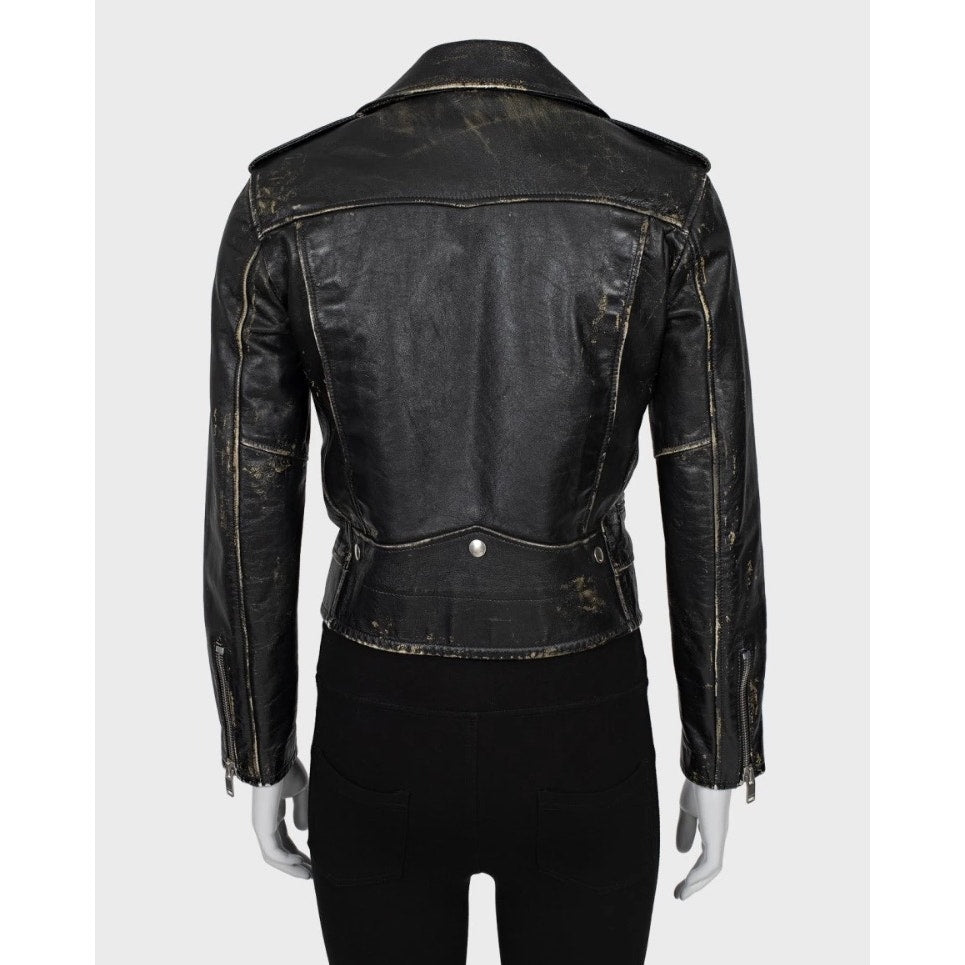 Saint Laurent Distressed Black Leather Jacket - Size 38/M Pre-owned