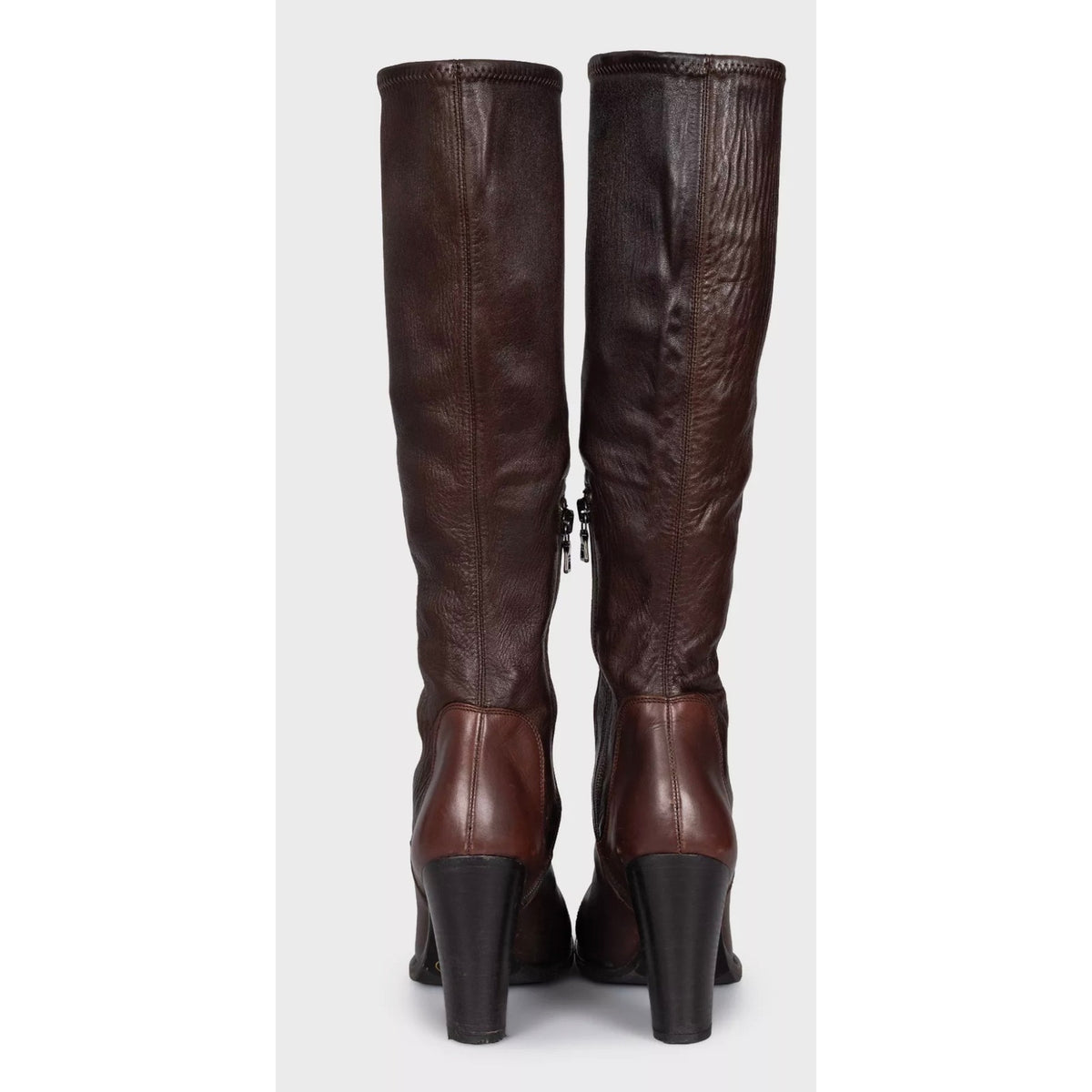 Prada Brown Leather Embroidered Toe Knee High Boots Size 35.5 Pre-owned