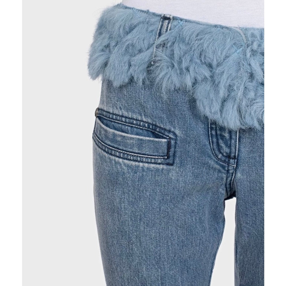 Chanel Light Blue Straight Fur Trim Jeans Sz.38 Pre-owned