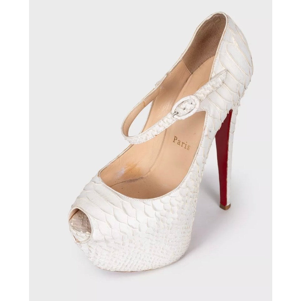 Christian Louboutin White Snakeskin print lambskin Peep Toe Pumps Sz.37.5 pre-owned