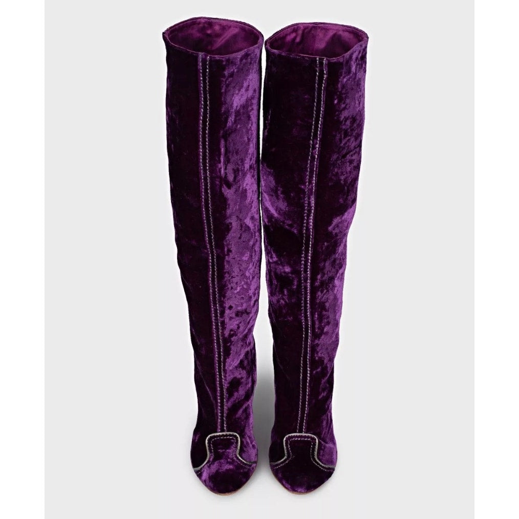 Bottega Veneta Purple Velvet Boots Block Heel Sz 37.5 Pre-owned
