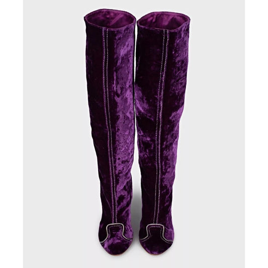 Bottega Veneta Purple Velvet Boots Block Heel Sz 37.5 Pre-owned