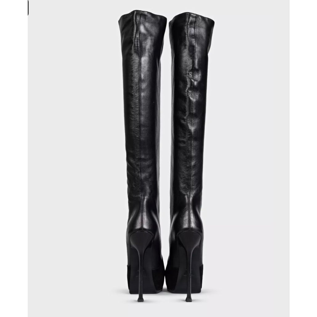 Saint Laurent Black Leather Suede Knee-High Stiletto Boots Sz.39 Pre-owned