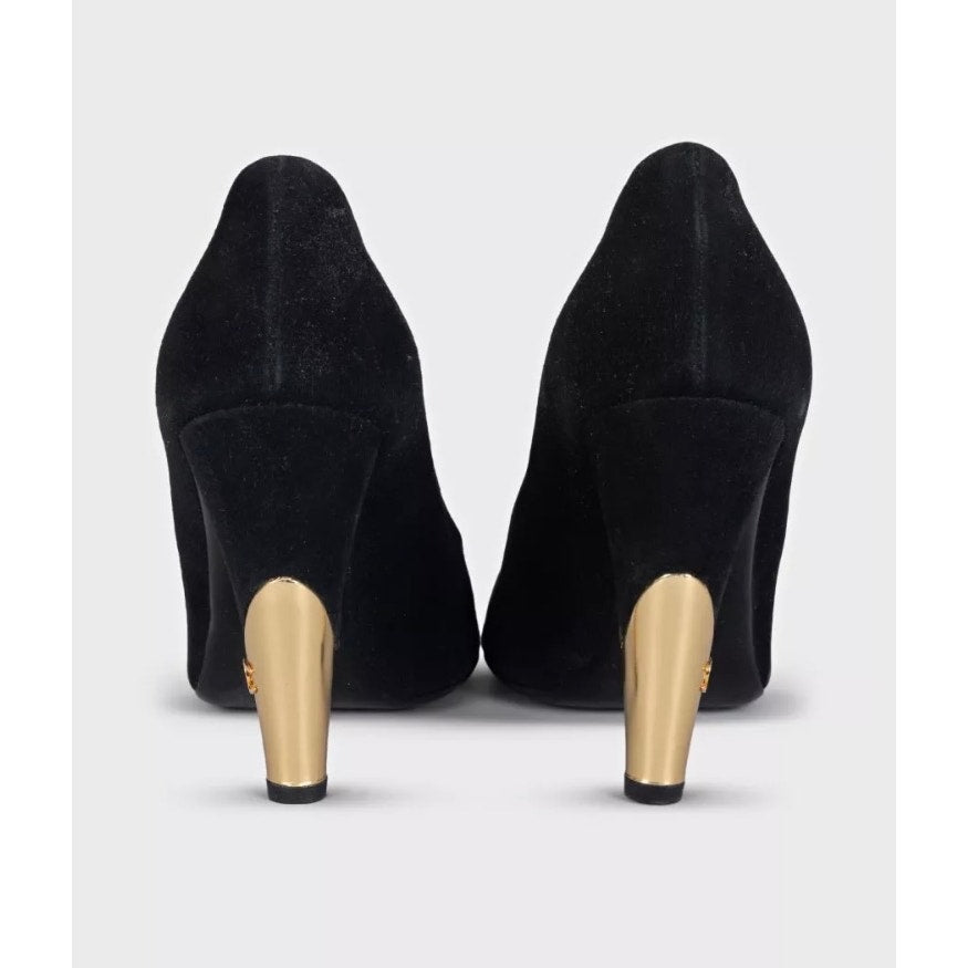 Chanel Black Suede Gold Accent Open Toe Pumps Sz 40 Pre-owned
