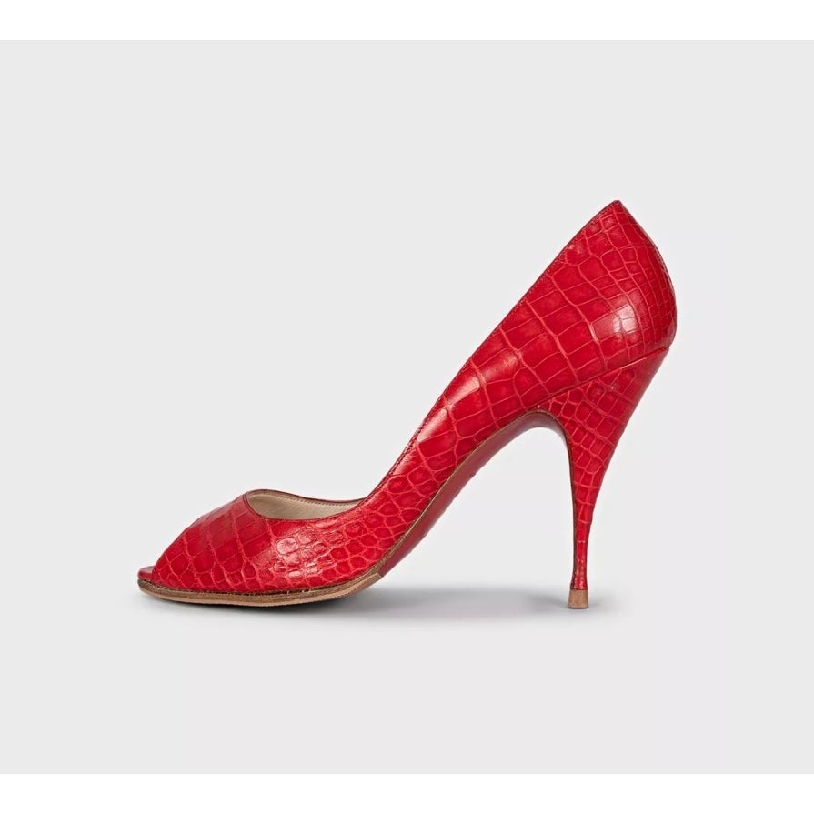 Christian Louboutin Red Embossed Leather Open Toe Heels Sz.39,5 Pre-owned