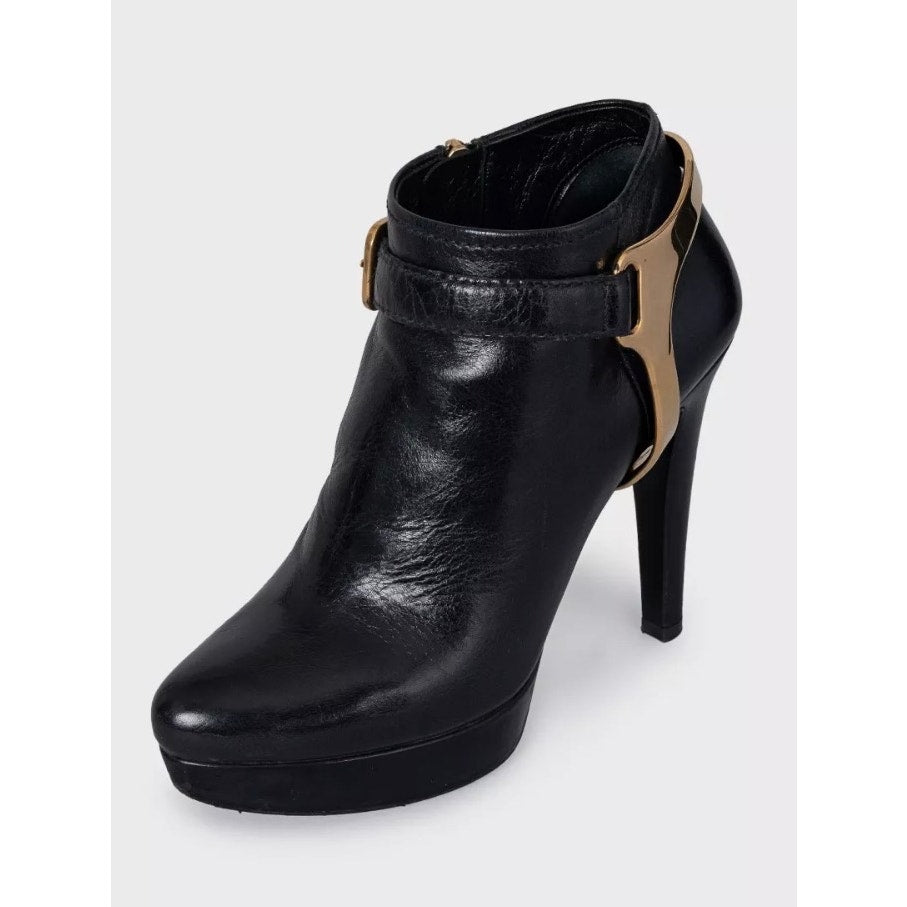 Prada Black Leather Ankle Boots with Gold Hardware, Size 36 Pre-owned