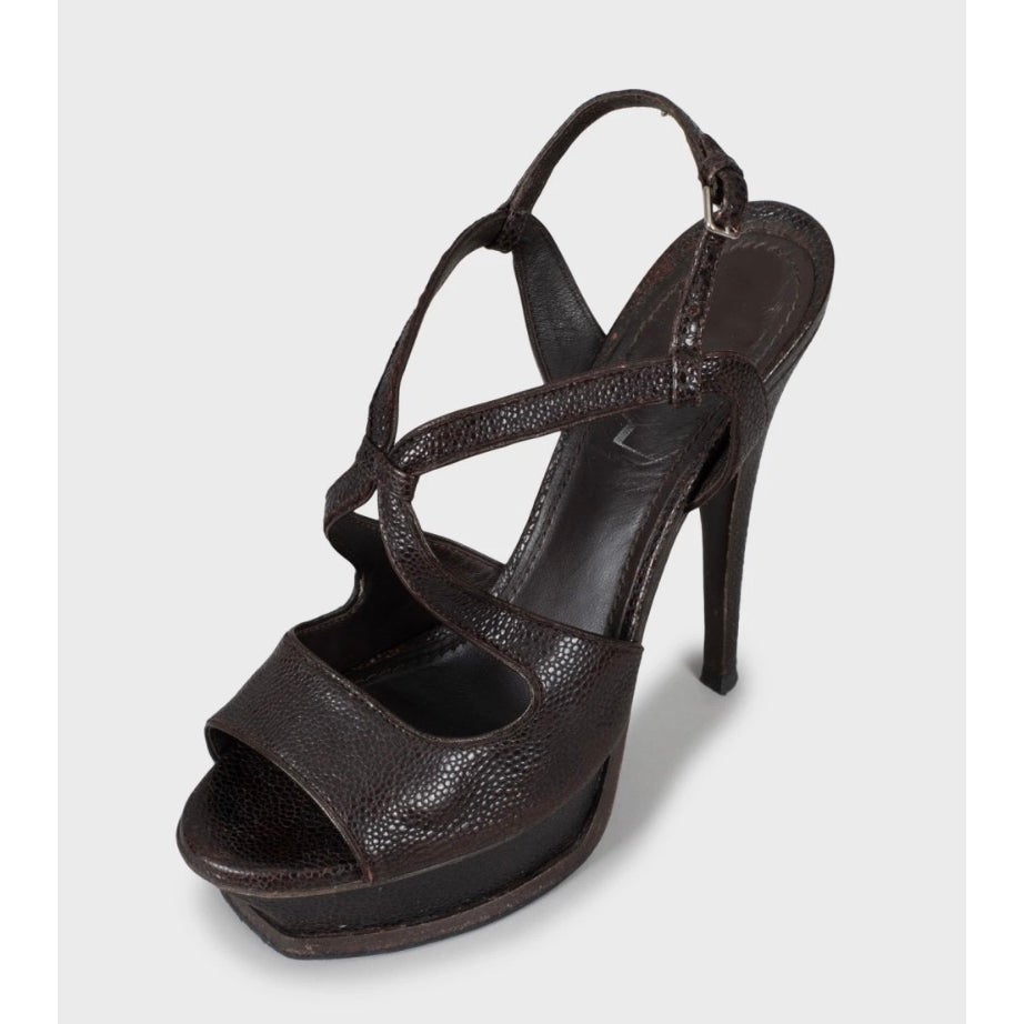 Vintage Saint Laurent Brown Embossed Leather Wedge Sandals Sz.37 Pre-owned