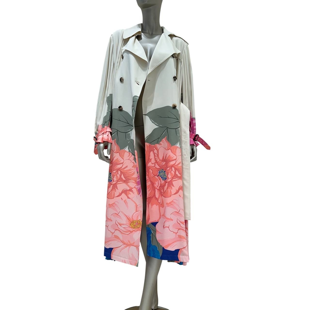Valentino Camellia Silk Pleated Avorio & Fuchsia Trench Coat Sz.42 pre-owned