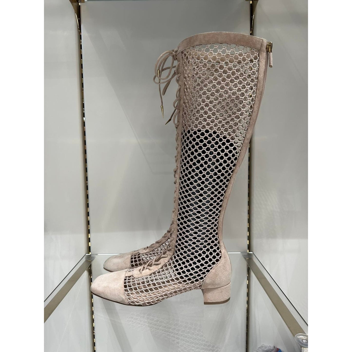 Christian Dior Beige Resille Naughtily-D Lace-Up Over-The-Knee Boots - Size 40 Pre-owned