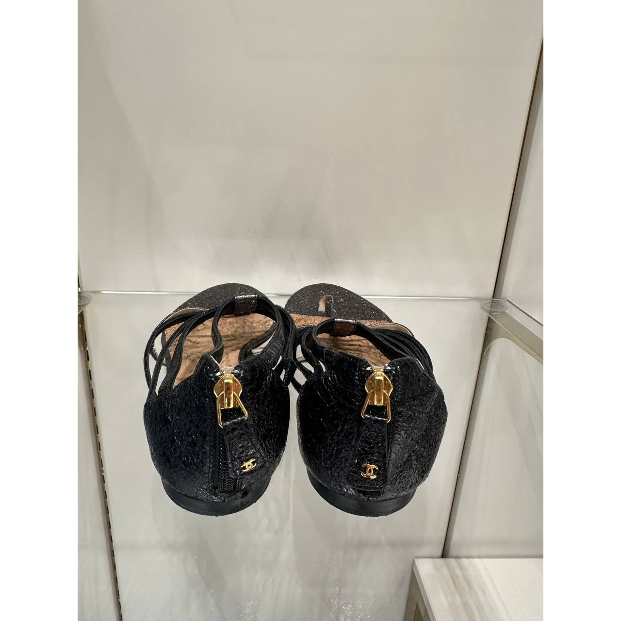CHANEL T-Strap Metallic Gunmetal Zip Sandals Size 42 pre-owned