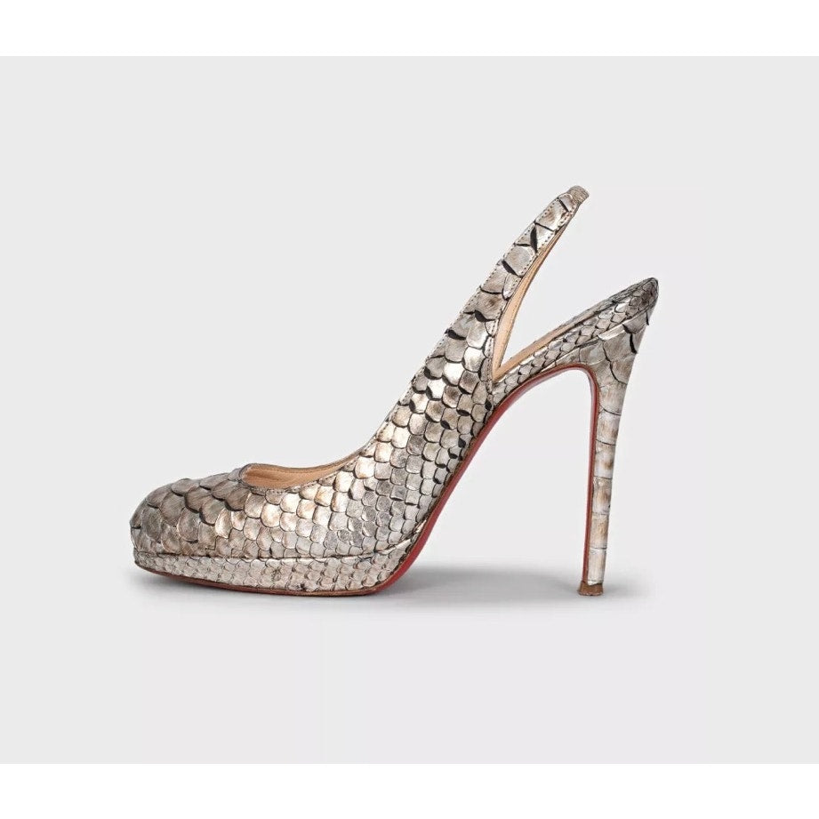 Christian Louboutin Silver Snakeskin Slingback Heels 37 Pre-owned
