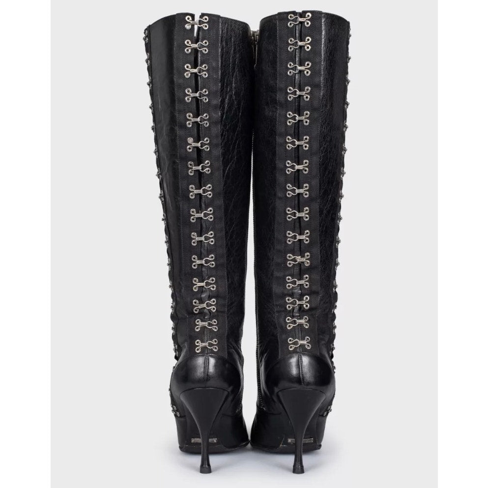 Dolce & Gabbana Black Leather Knee-High Stiletto Boots Sz.38 Pre-owned