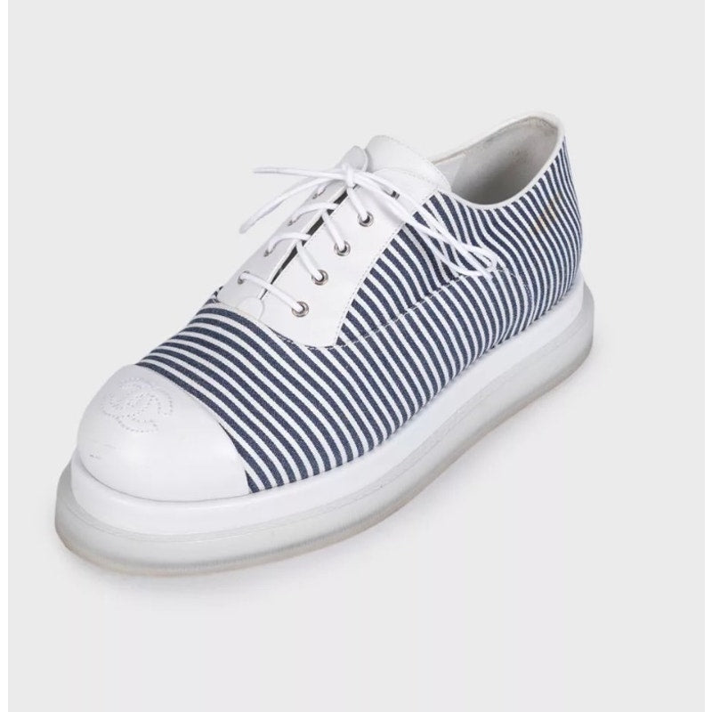 Chanel White Striped Leather & Textile Sneakers - Size 38 Pre-owned