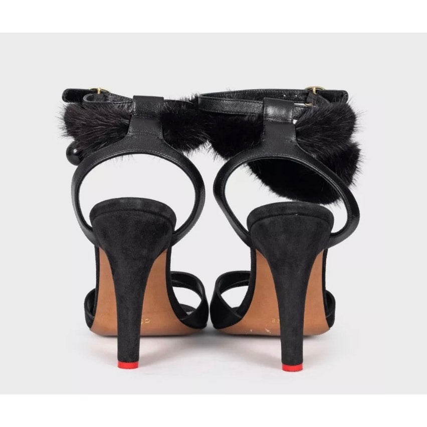 Celine Black Leather Sandals with Fur Strap - Size 39 Pre-owned