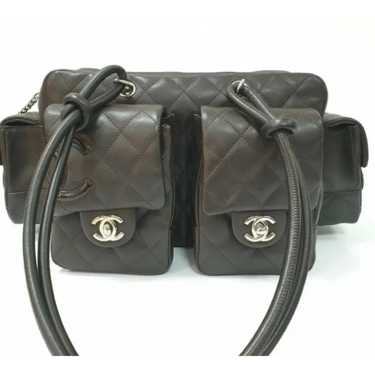 CHANEL Cambon Ligne Reporter Quilted Brown Lambskin Bag Pre-owned