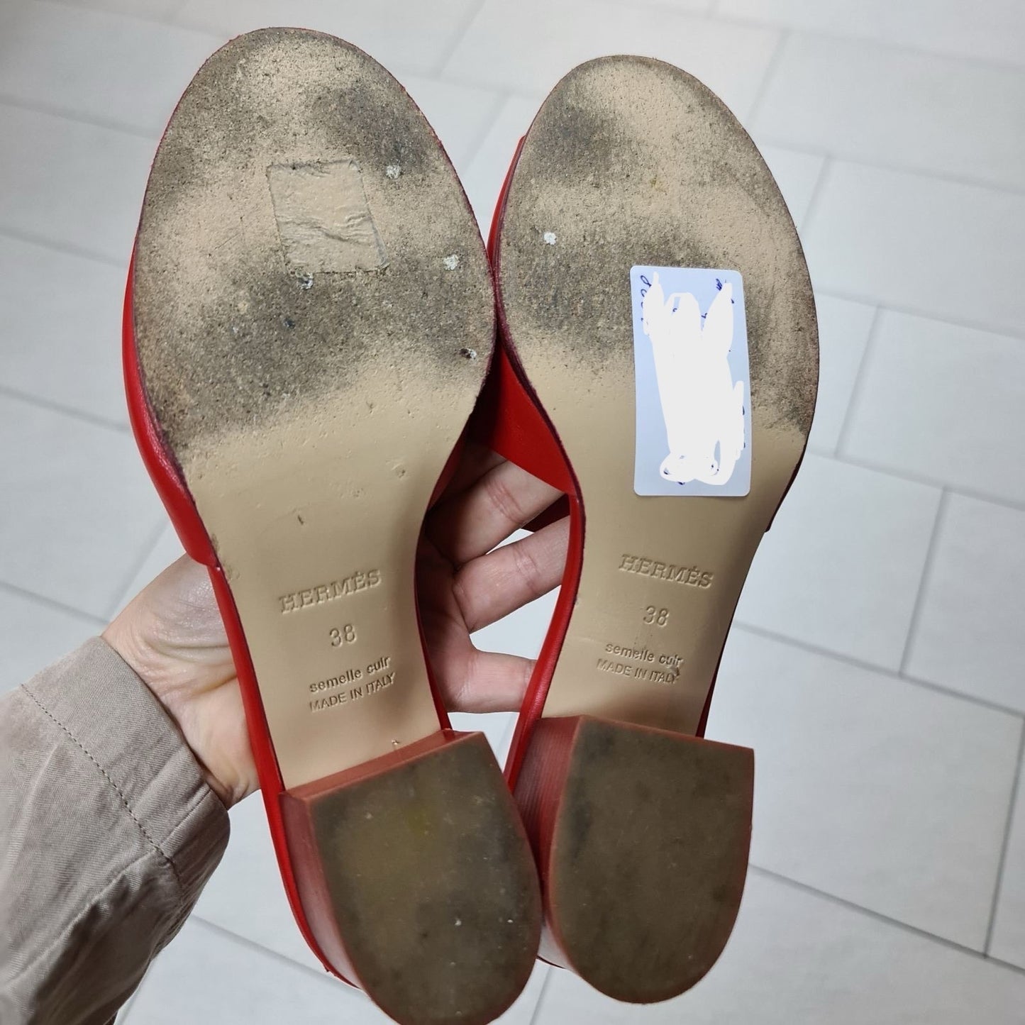 Hermes Red Leather Mona Block Heel Slide Sandals Sz.38 pre-owned