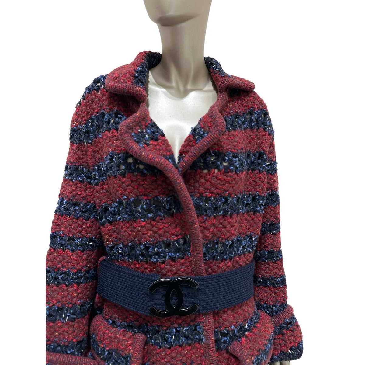 Chanel 2017 Bouclé Striped Coat with CC Buckle Sz.44 Pre-owned