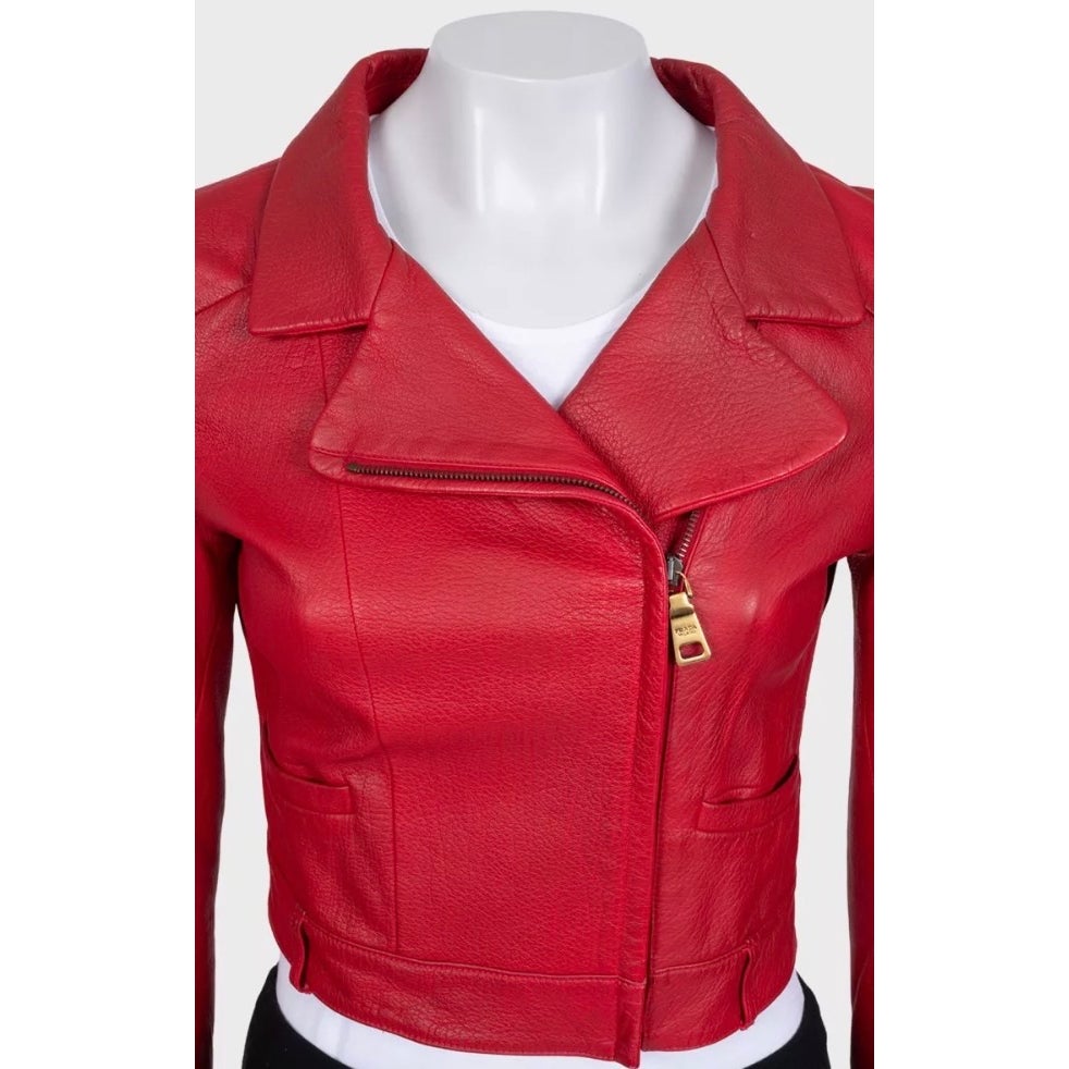 Prada Red Lambskin Cropped Jacket w/ Gold Hardware Sz.42 Pre-owned