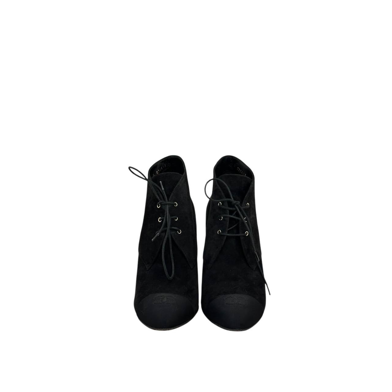 Chanel Black Suede Lace Up Pearls Booties - Size 38.5 Pre-owned