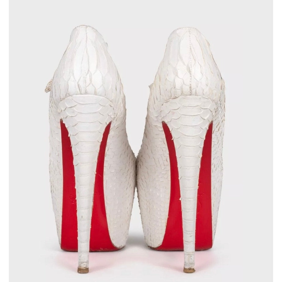 Christian Louboutin White Snakeskin print lambskin Peep Toe Pumps Sz.37.5 pre-owned