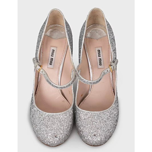 Miu Miu Silver Glitter Block Heel Shoes - Size 39 Pre-owned