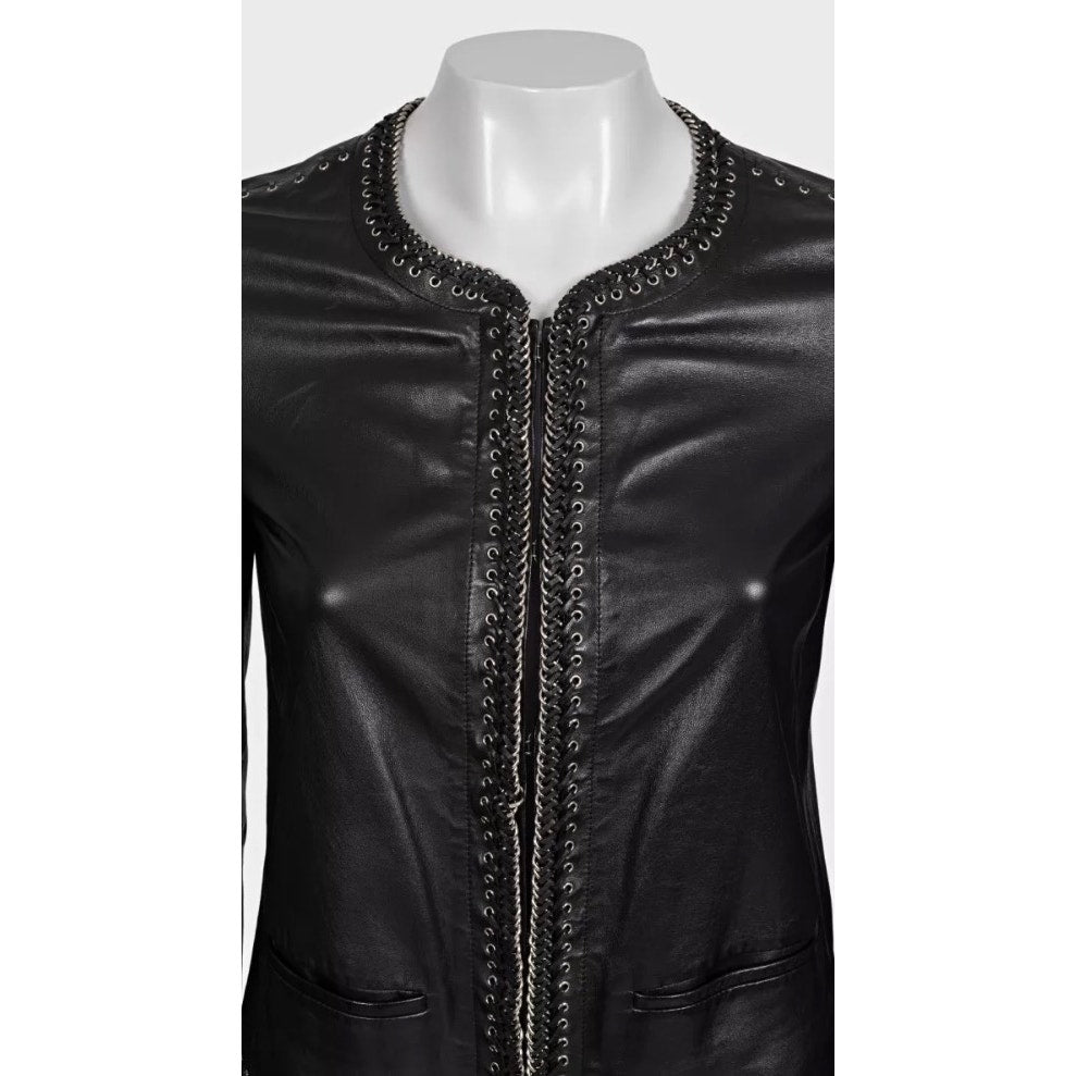 Roberto Cavalli Black Leather Lace-Up Cropped Jacket IT 42/M Pre-owned