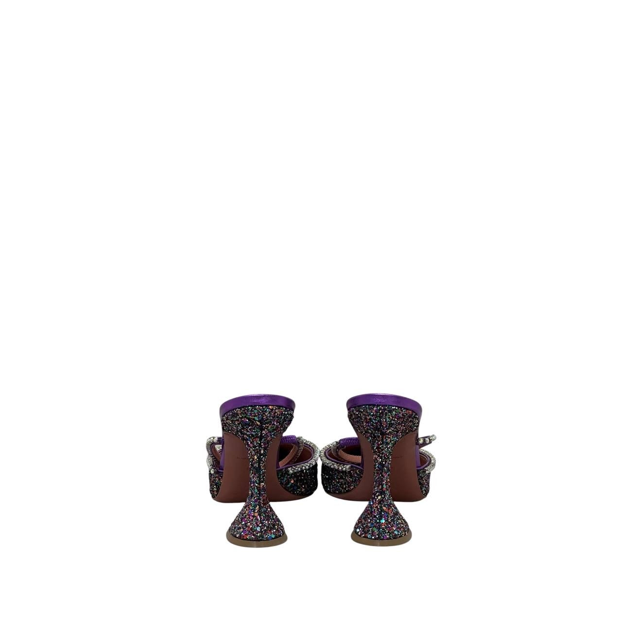 Amina Muaddi Gilda Multicolor Glitter Leather Mules Sz 39.5