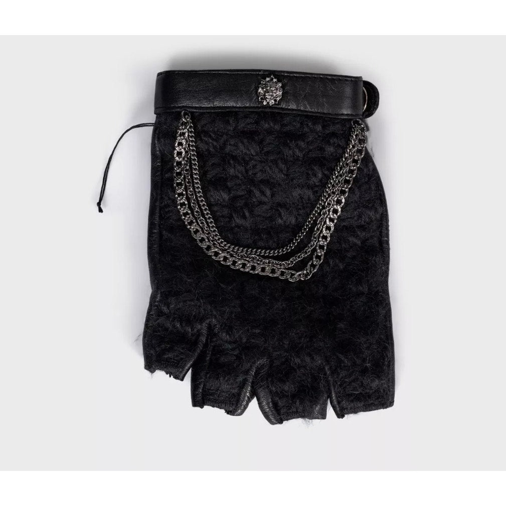Chanel Black Leather Chain Detail Fingerless Gloves Mittens Sz.7.5 Pre-owned