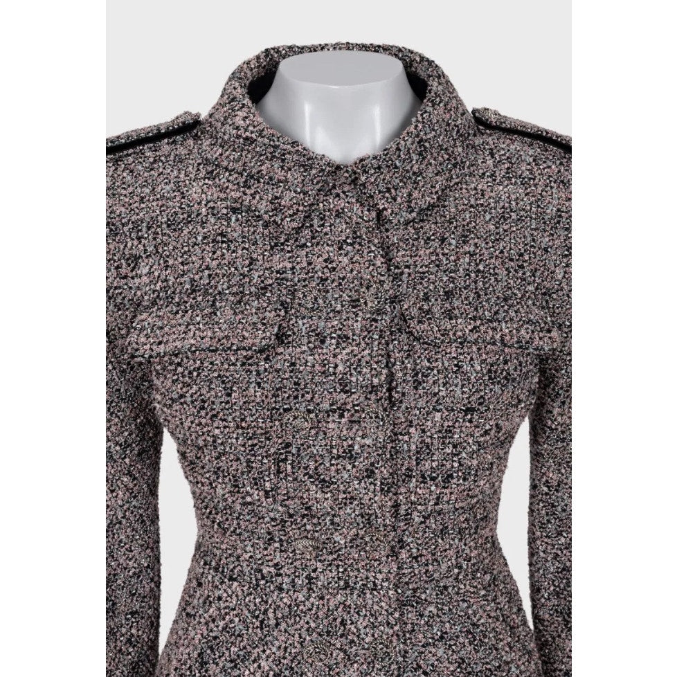 Chanel 2016 Pink Black & Silver Bouclé Wool Skirt Jacket Suit FR38 Pre-owned