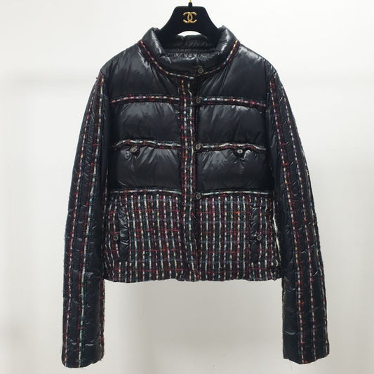 Vintage Black Puffer Jacket with Multicolored Tweed  Sz.36 Pre-owned