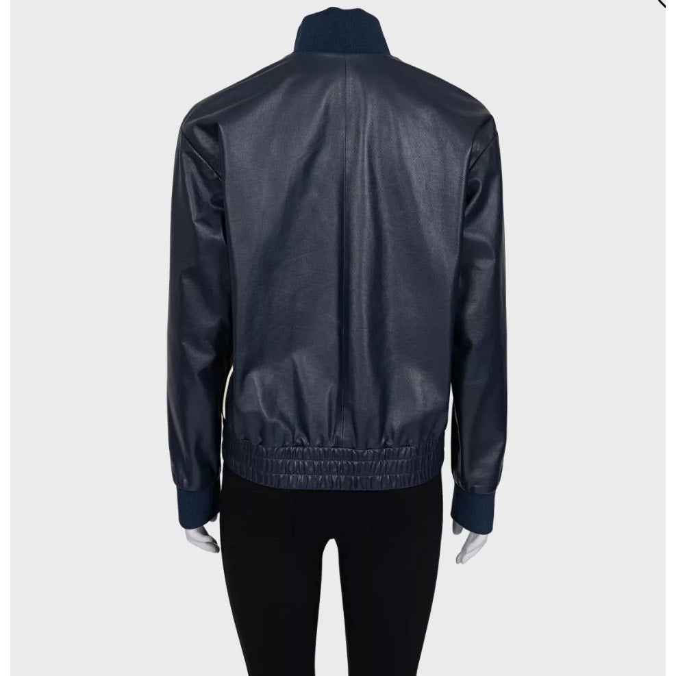 Loewe Blue Leather Jacket with Logo Detail Sz.38/M Pre-owned