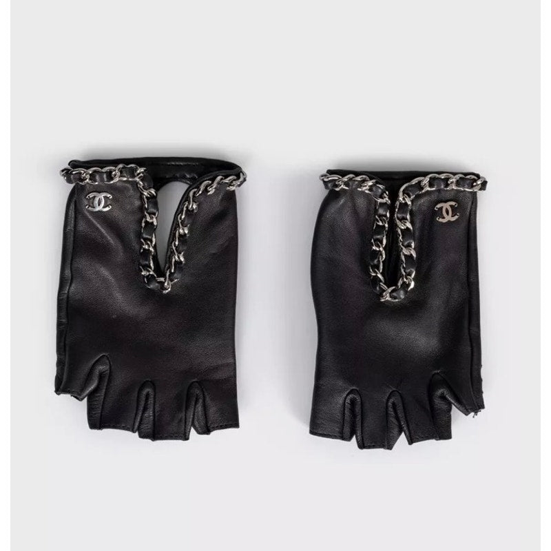 Chanel Black Leather Fingerless Gloves Mittens - Size 7 Pre-owned