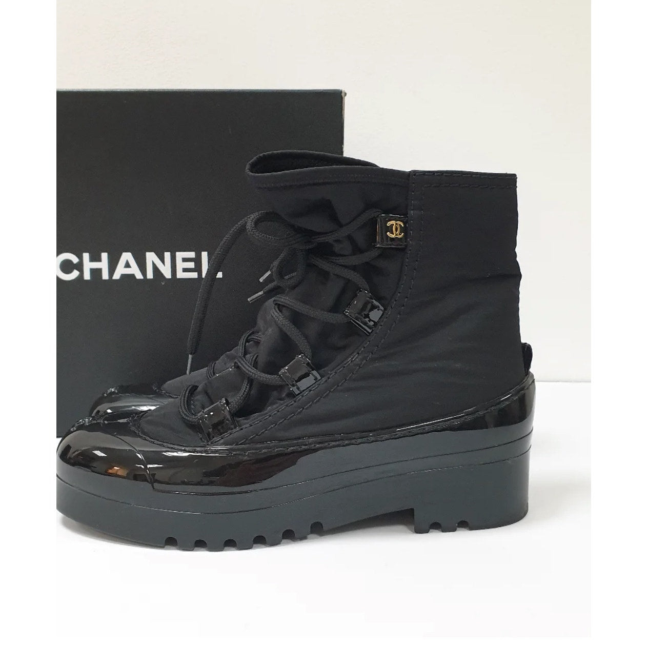 Chanel Black Rubber Nylon Ankle Boots CC Logo Size 38 Pre-owned