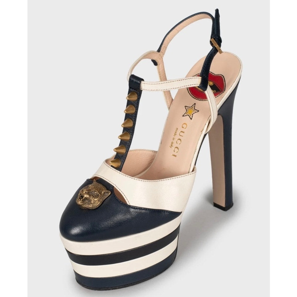 Gucci Blue Leather Block Heels with Gold Studs, Size 36 pre-owned