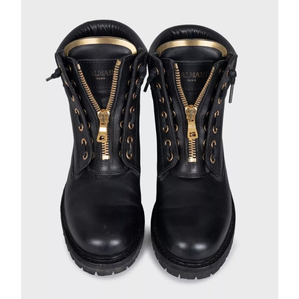 Balmain Black Leather Boots with Gold-Tone Hardware Sz.39 Pre-owned