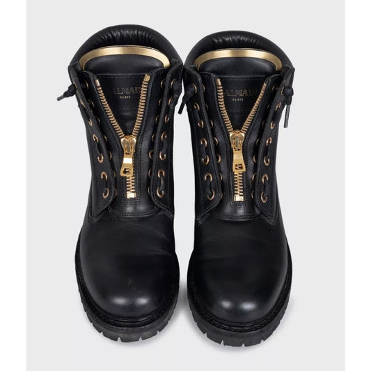Balmain Black Leather Boots with Gold-Tone Hardware Sz.39 Pre-owned