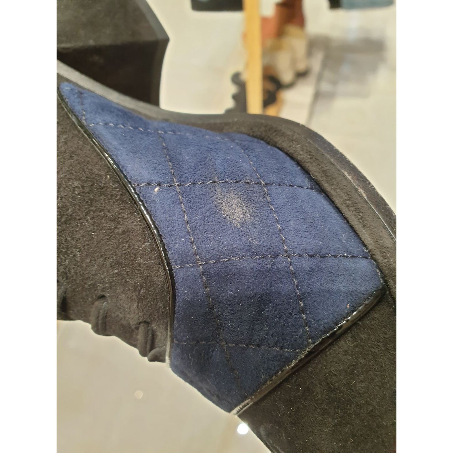 Chanel Blue Black Suede CC Block Heel Oxford Booties 38 Pre-owned
