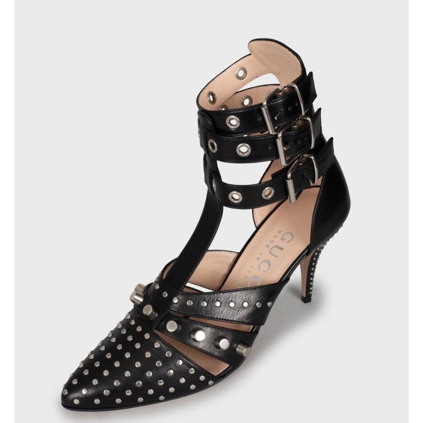 NWB Elegant Gucci Black Leather Studded Wedge Heels Sz. 39 Pre-owned