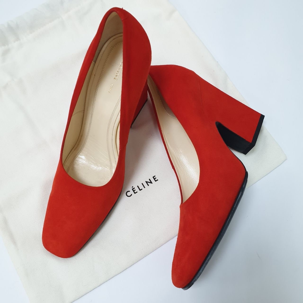 Celine Bright Red Suede Heels Pumps Sz.38 Pre-Owned