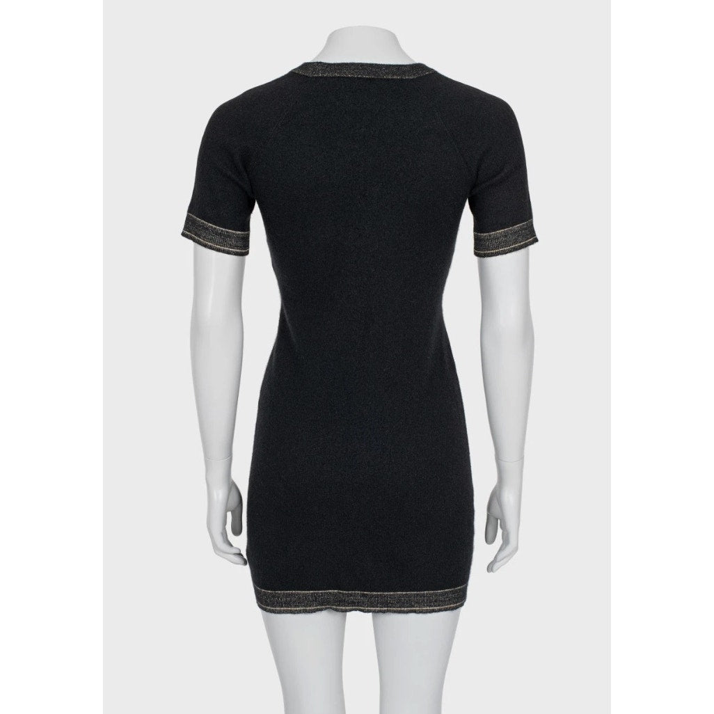 Chanel Black Cashmere Gold Trim Dress Sz.44 Pre-owned