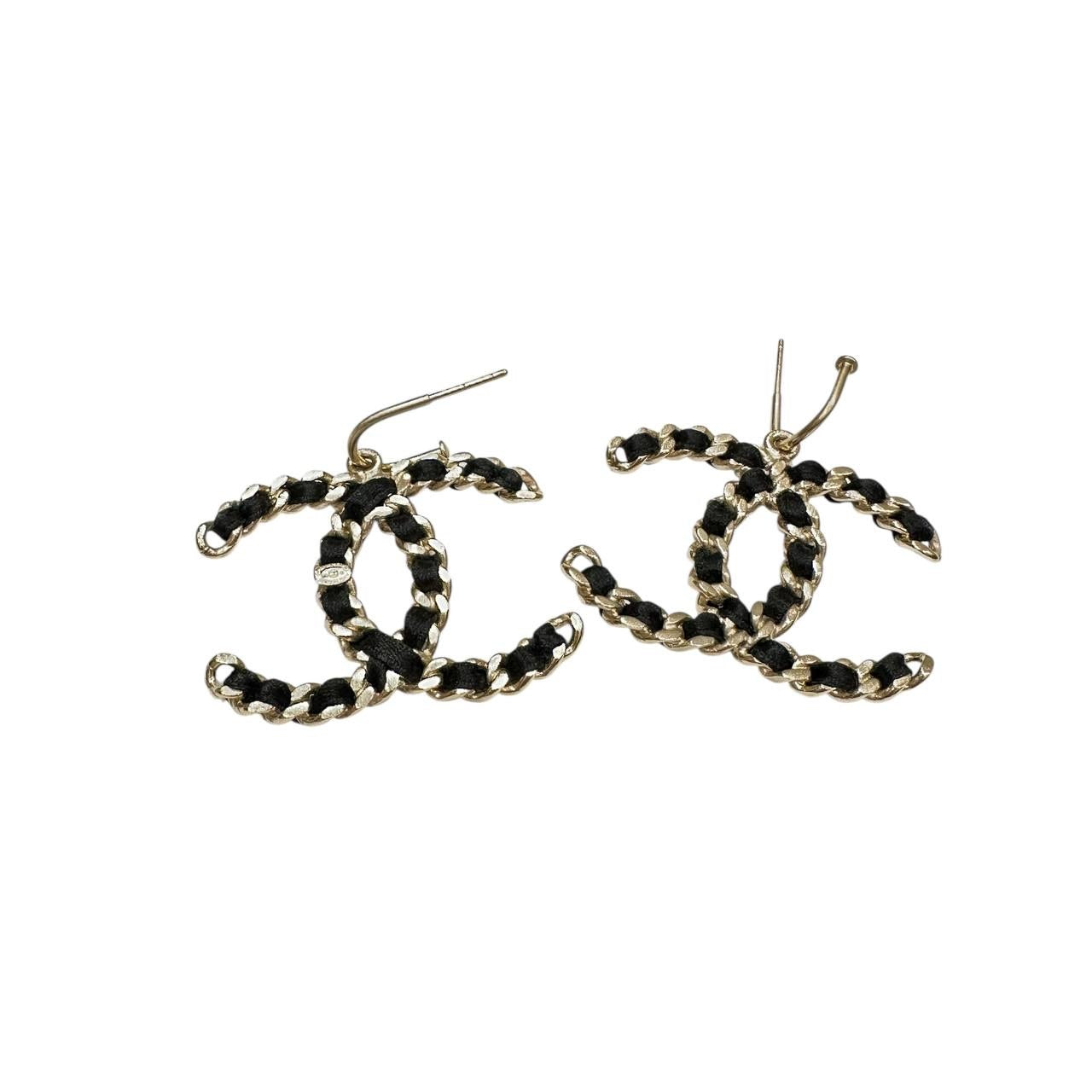CHANEL Braided Black Ribbon CC Logo Dangling Earrings Pre-owned