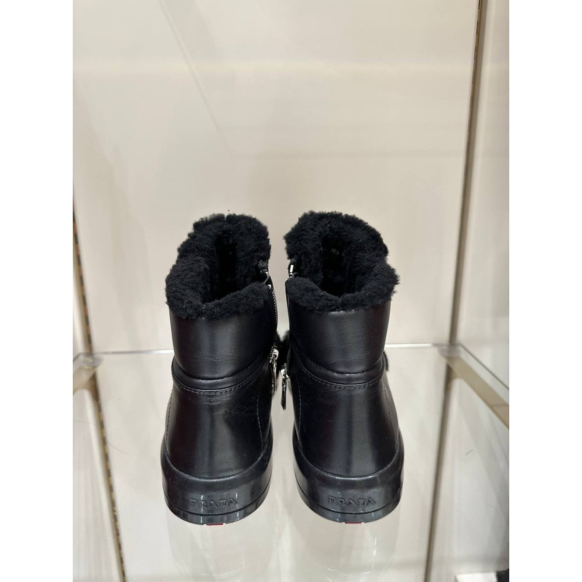 Prada Black Leather Shearling Lined Ankle Boots EU 38 Pre-owned