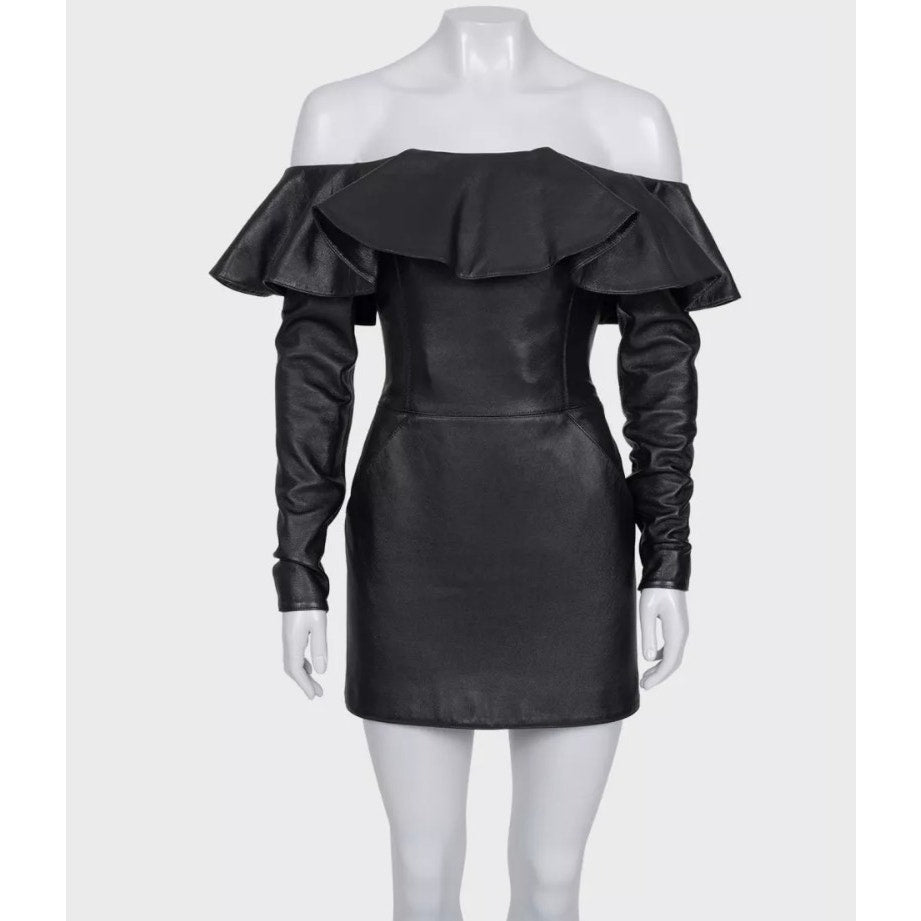 Saint Laurent Black Leather Off-Shoulder Dress Sz.38/M Pre-owned