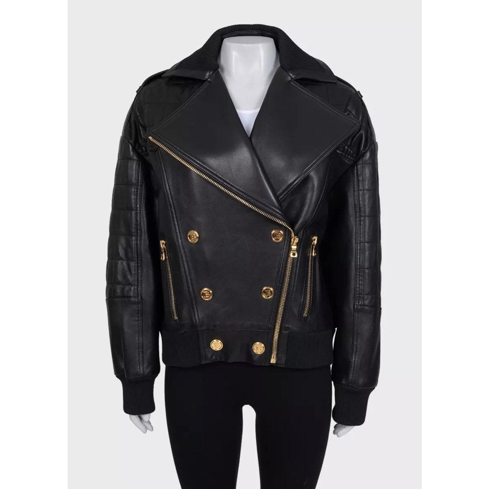 Iconic Balmain Black Lamb Leather Jacket Gold Buttons FR 36 Pre-owned